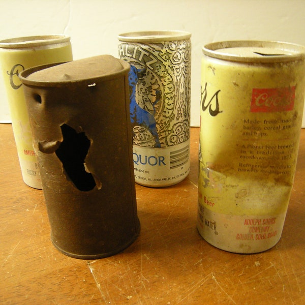 5 old cans-3 beers can-2 rusty cans-holey cans-art-crafts-assemblage-mixed media-