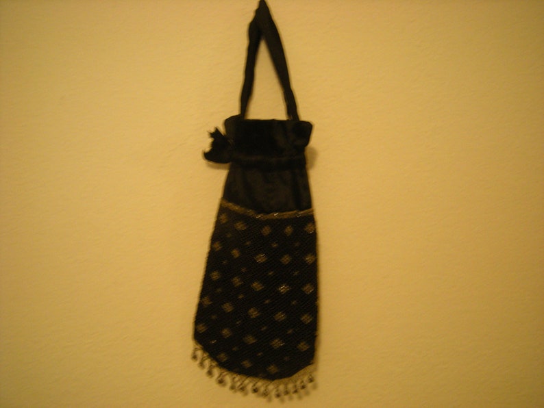 vtge beaded purse-black pouch-silver trim-ribbon closure-evening purse-lined image 1