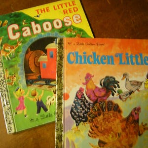 2 children books-Little Golden books-red caboose-copyright 1953-chicken little-copyright 1973-children library-collectibles-