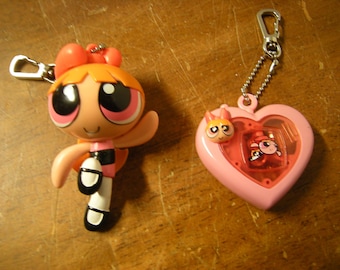 2 key chains-Powerpuff Girls-blossom-heart-Cartoon Network 2000-memorabilia-collectibles-stocking stuffer-