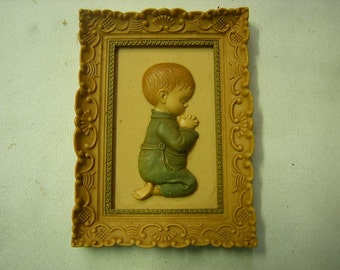 vintage frame-praying boy-wall display-boy's bedroom-religious-baptism-communion-spirituality-