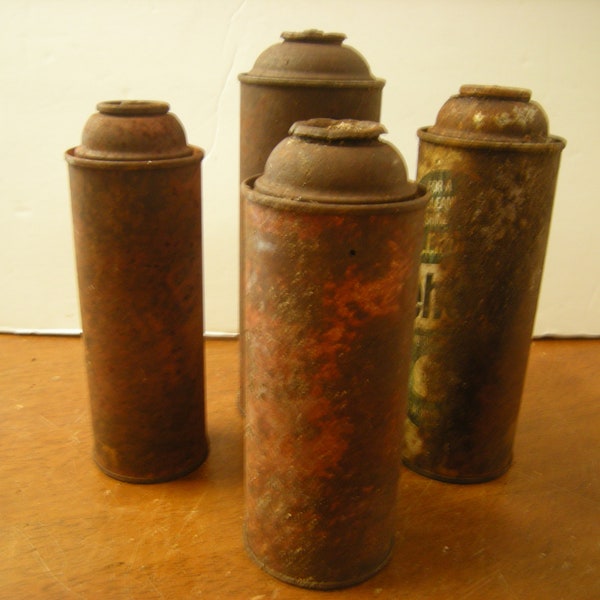 4 old canisters-raw material-rusty-grungy-supplies-metal art-crafts-assemblage-recycle-upcycle-as found-