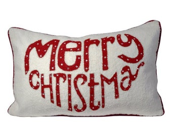 Geborduurd lendekussen 'Merry Christmas', rood en crème katoen