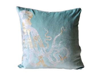 Fluwelen octopus sierkussen: blauwgroen stranddecor, 18 x 18 inch