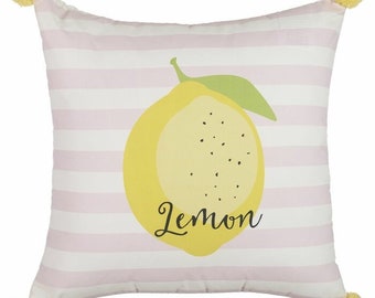 Sangiacomo One Lemon Plaid with Pom-Pom Edges Throw Pillow, Square Pillow, Fruit Pillow, Summer Design, Bedroom Decor, Lemon Pillow