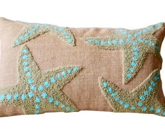 Blauwgroen kussen zeester: katoenen sierkussen, hoes zeedieren en inzetstuk