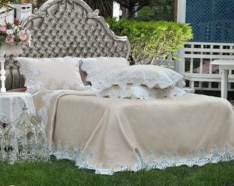 Handgemaakte kanten sprei koningin set: 100% katoenen cappuccinohoes