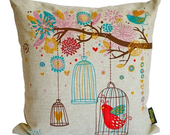 Katoenen sierkussen cartoon vogel: vogelkooi met bloemen