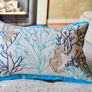 Shelbie Reef, seahorse, Pillow, Cotton Throw Pillow, Sea Animal Cover & Insert, Decorative Pillow, Indoor/Out Pillow, Sea Lovers,28x28,12x17