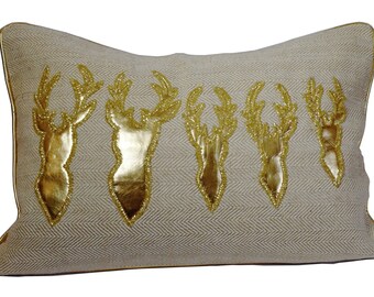 Gouden rendier lendekussensloop, crème katoen, vakantiedecor met kralen