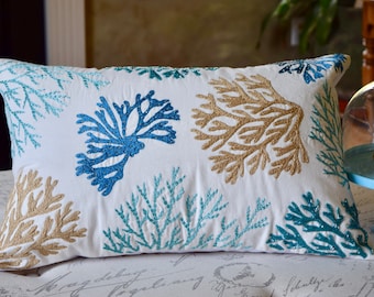Floating Blue Coral beaded  Lumbar Pillow