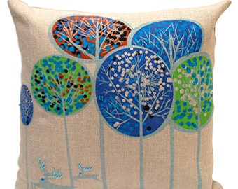 Katoenen sierkussen met lovertjesbomen, natuurkussen twee herten (20 x 20)
