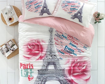 Dekbedovertrekset Parijs Eiffeltoren: roze en zwart 100% katoenen beddengoed