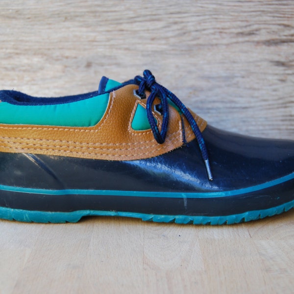 Vintage Teal Green and Navy Duck Boots - Short Lace-up Rain Boots by High Cascades - Women's US 9