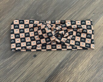 Checkered Halloween Pumpkin Top Knot Headband