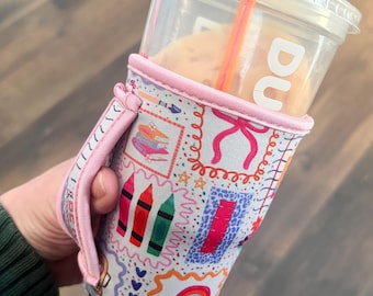 Novelty Neoprene Drink Sleeve | Teacher and School Medium Coffee Cup Cover with Handle