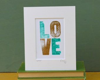 LOVE letterpress print, mini wall art, green and gold