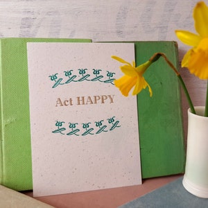 Act Happy letterpress postcard, word art print, happy postcard image 1