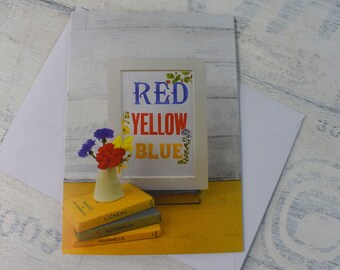 Red yellow blue brainteaser greeting card,  psychology card, letterpress card.