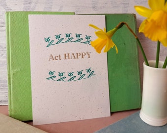 Act Happy letterpress postcard, word art print, happy postcard