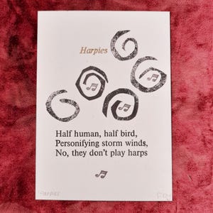 Harpies haiku postcard, letterpress print, poetry gift