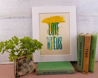 Dandelion wall art, dandelion painting, weeds, letterpress print