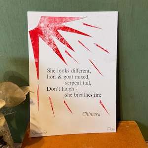 Chimera haiku postcard, letterpress print, poetry gift