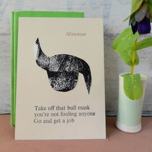 Minotaur haiku postcard, letterpress print, poetry gift
