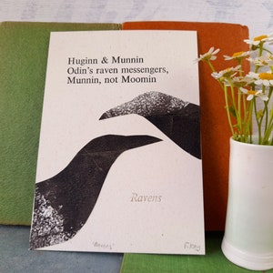 Huginn and Munnin haiku postcard, letterpress print, poetry gift, ravens, Norse mythology image 1