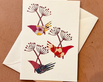 Origami bird greeting card, seed heads and birds, handmade greeting card