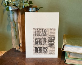 Ideas grow from books, letterpress print card, book lover card