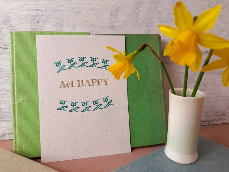 Act Happy letterpress postcard, word art print, happy postcard image 1