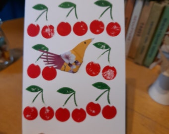 Origami bird greeting card, cherries print card, handmade greeting card