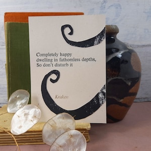 Kraken haiku postcard, letterpress print, humour poetry gift, sea monster