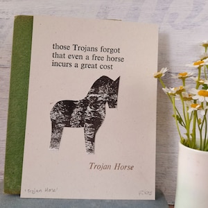 Trojan horse haiku postcard, letterpress print, poetry gift.