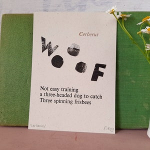 Cerberus haiku postcard, letterpress print, poetry gift, dog poem, Greek myth