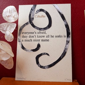 Cthulhu haiku postcard, letterpress print, humour poetry gift, sea monster