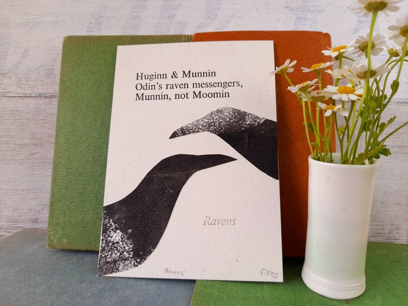 Huginn and Munnin haiku postcard, letterpress print, poetry gift, ravens, Norse mythology image 4