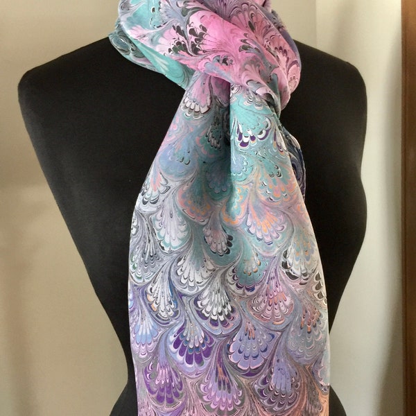 Pink, purple, teal with multicolor accents Bouquet Habotai Silk 14x72 bold fun. This beautiful silk makes a unique dresser cover and scarf