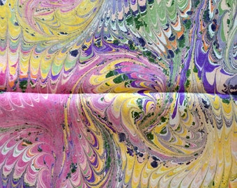 Pink, Purple, Yellow and Green Combed Swirl Patterned Habotai Silk 14x72"