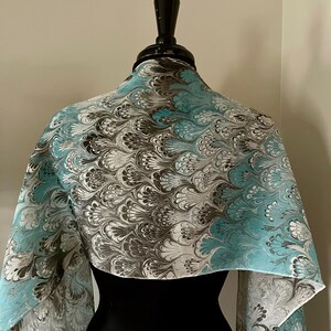 Turquoise bouquet Water Marbled Habotai Silk Scarf, Hand Rolled Edges