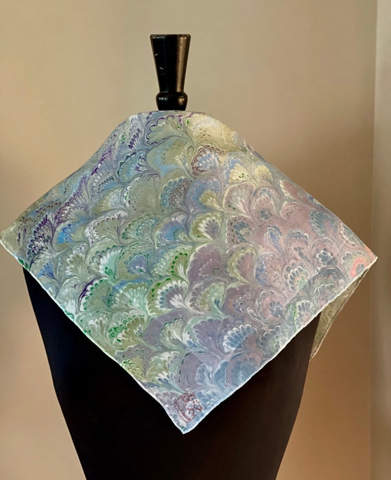 Blue Green Bouquet Silk Scarf: 21x21 Habotai Neckerchief