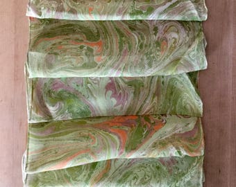 Green Beige Orange Combed Swirl Patterned Habotai Silk 14x72"