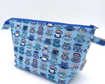 Royal blue TEACUP print zippered Project BAG, Knitting, crochet, craft bag, Small