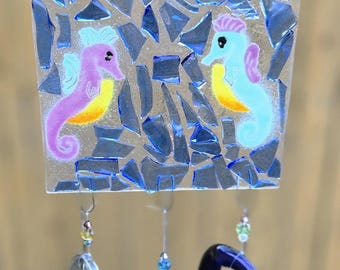 Handmade Seahorse Glass Wind Chime – Fused Glass Ocean Art with Recycled Bottle Rings