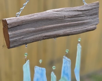 Recycled Glass Bottle Top Wind Chime | Kiln Fired Enamel Driftwood Coastal Decor