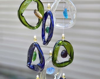 Recycled Glass Wind Chime, Blue Green Coastal Garden Decor, Upcycled Art