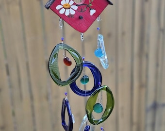 Handmade Glass Wind Chime, Floral Birdhouse Top, Recycled Garden Art
