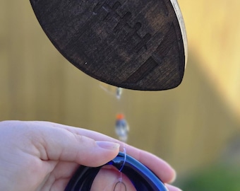 Handmade Football Wind Chime – Laser Cut Wood Top, Blue Glass Ring – Outdoor Decor