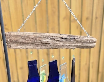 Handmade Fused Glass Fish Wind Chime – Recycled Bottle Art, Driftwood Top, Ocean Garden Decor